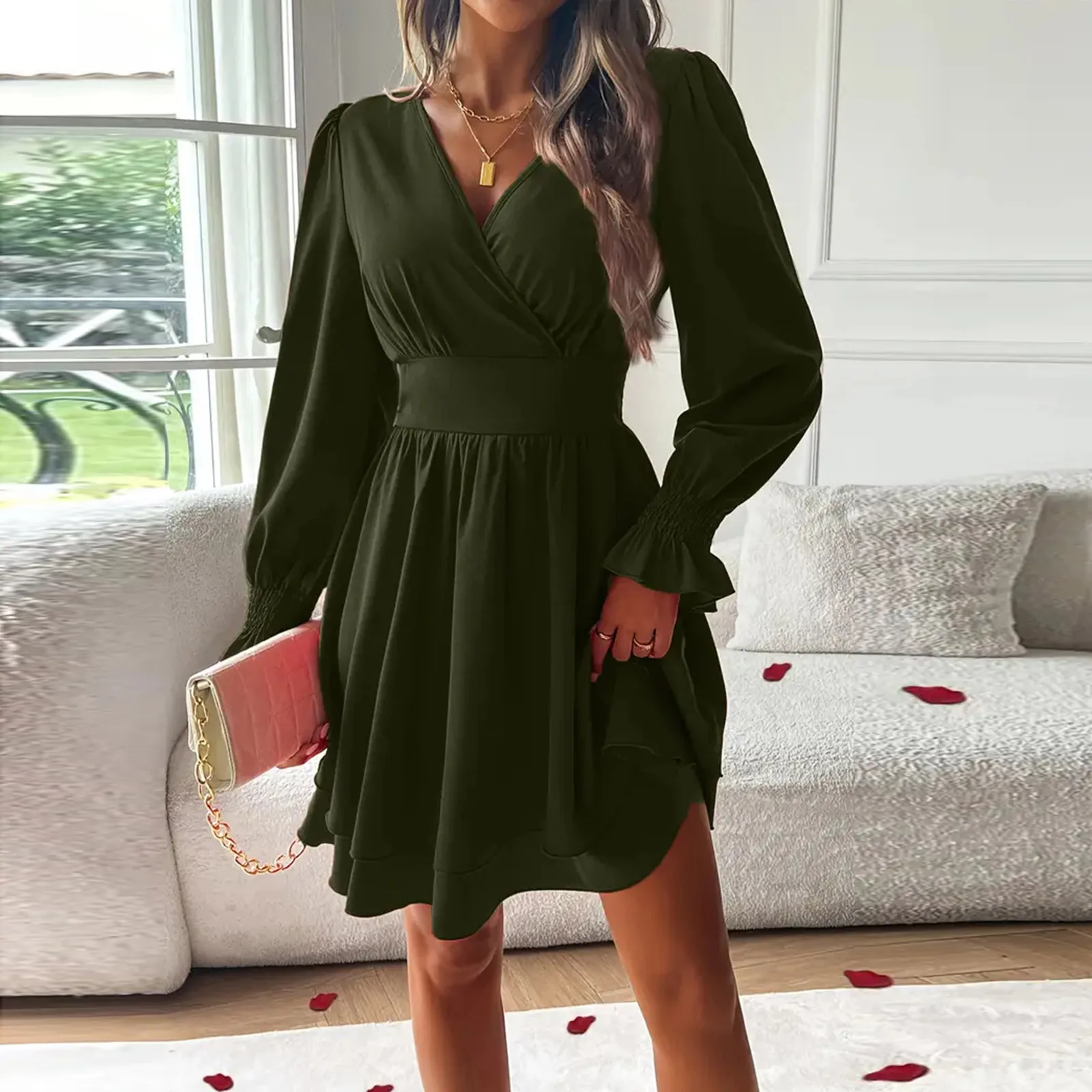 Vestido feminino com decote em v, cintura cinched, cor sólida, saia de camada dupla, primavera e outono, mini vestido retrô