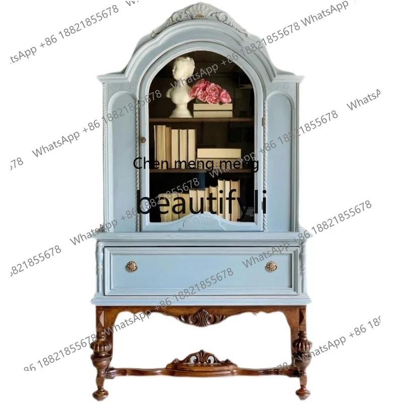 

French Antique Bookcase European Solid Wood Carving Bookcase Display Cabinet American Country Side Cabinet H