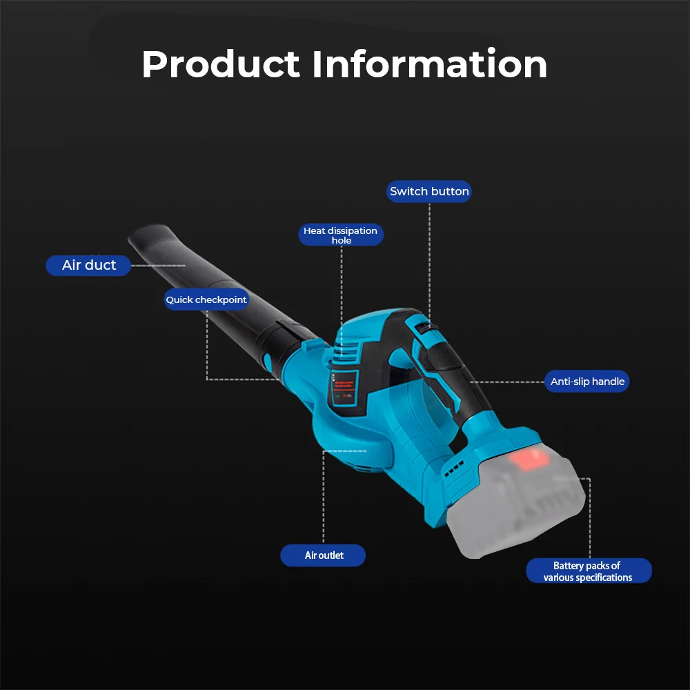 

2000 Вт Аккумуляторная воздуходувка 18000 об/мин Высокоскоростная воздуходувка для листьев Упавшие листья Пыль Снег Инструмент для очистки для аккумуляторного штифта Makita 18-21 В