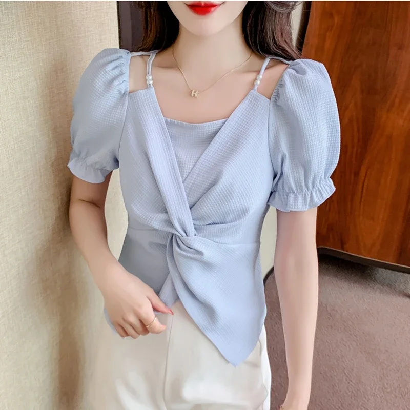 Women Summer Chiffon Blouses Casual 2024 Korean Fashion Clothes Puff Sleeve Crop Tops Sexy French Slim Elegant Ladies Shirts Y2k