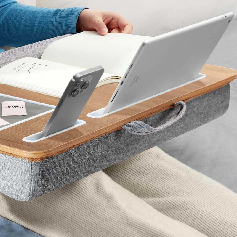 Bamboo Lap Desk with Cushion Portable Laptop Tray Ergonomic Study Table for Bed Sofa or Car Anti-Slip Space-Saving Design