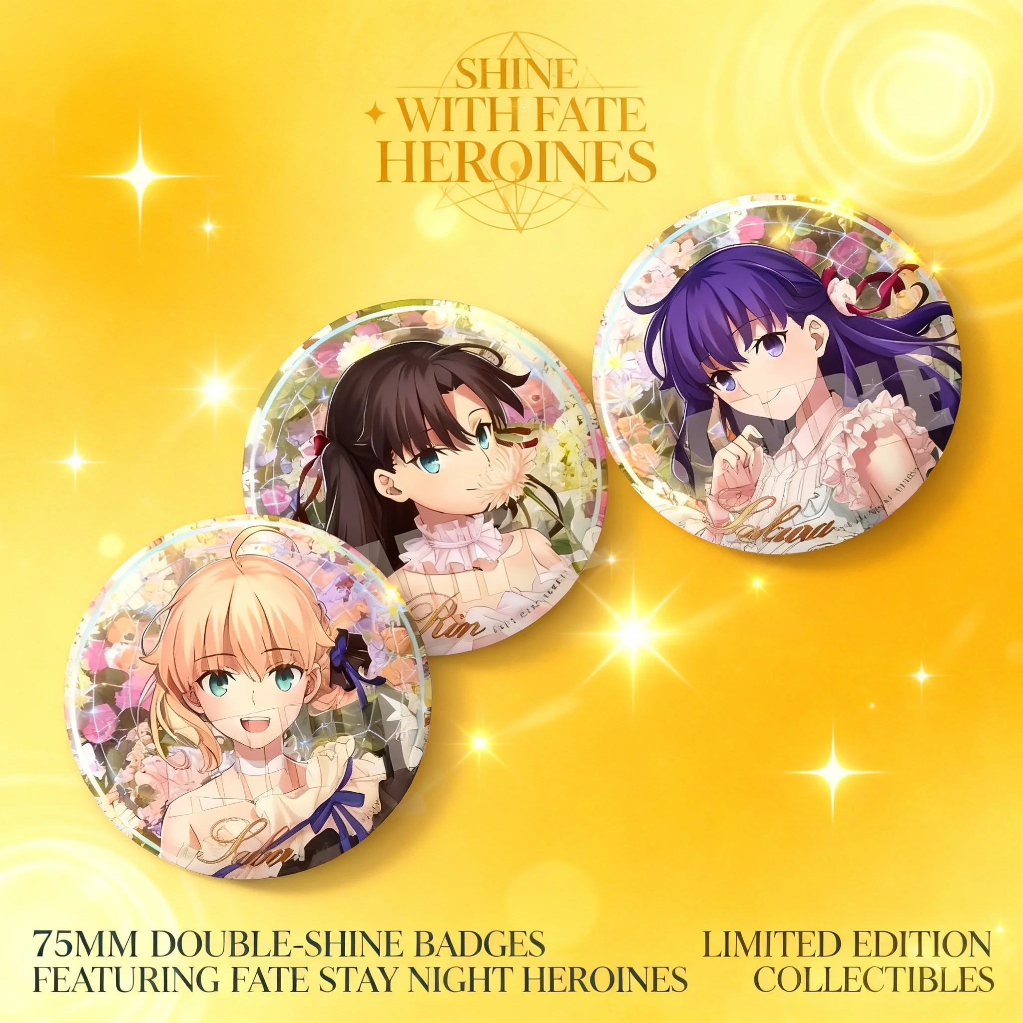 

Fate Stay Night 20th Anniversary Concert Badge 75mm Pin Saber Rin Sakura Dress Anime Merchandise Collectible Gift