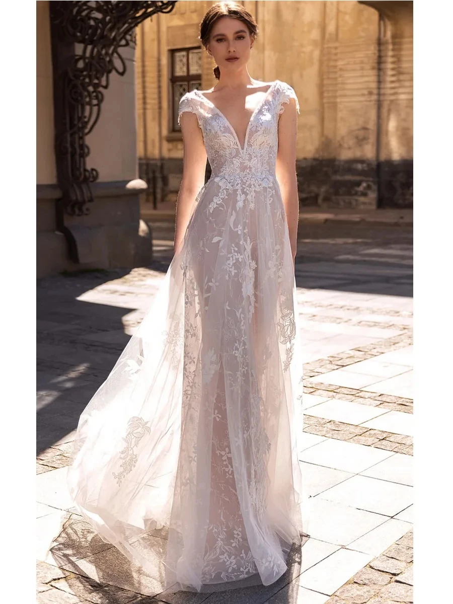 

Beautiful Wedding Dresses 2024 V-Neck A-Line Bridal Gowns Cap Sleeves Backless Elegant Robes For Women Vestidos De Novia 2023