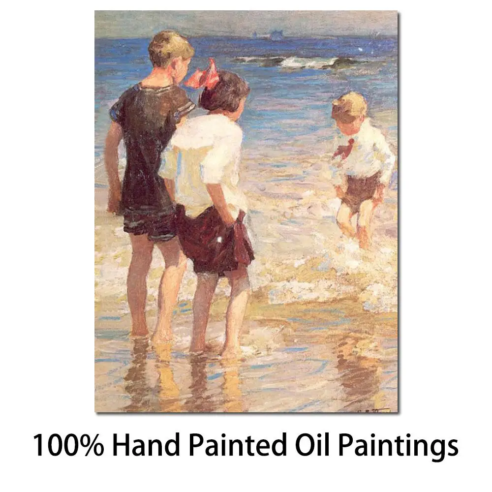 Children On the Beach Canvas Art Oil Painting Handmade Edward Henry Potthast Modern Landscape Artwork for Kid Room Wall Decor