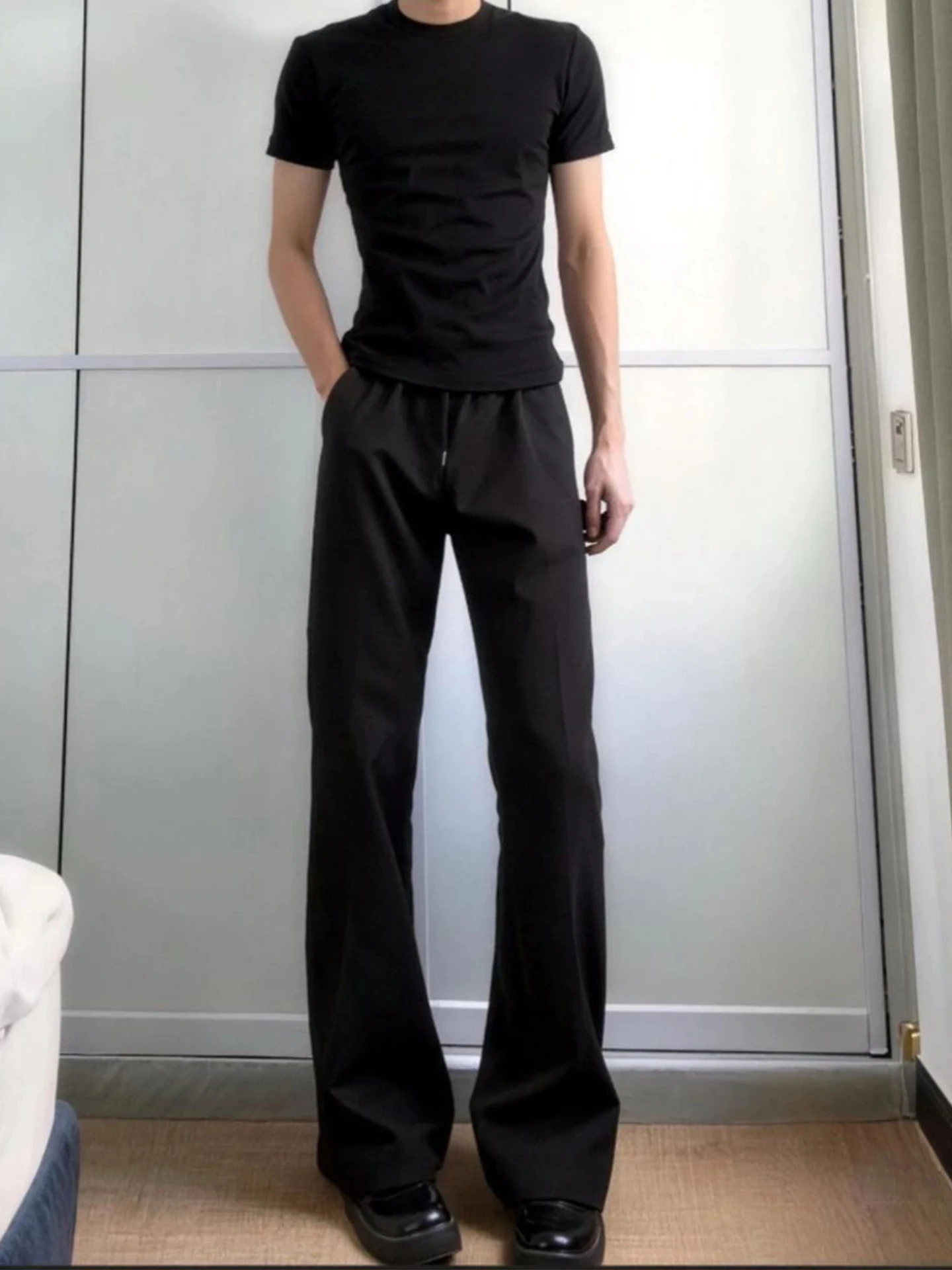 Cleanfit Black Quick Dry Ice Silk Men's Summer Thin Wide Leg Pants Casual Long Trousers Straight Leg High Waist Button Style