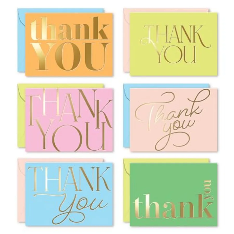 

SandO Candy Thank You Cards with Envelopes - Blank Gold Foil sheets Set of 24 - Assorted Greeting Decor Cards, Pop Color Envelo