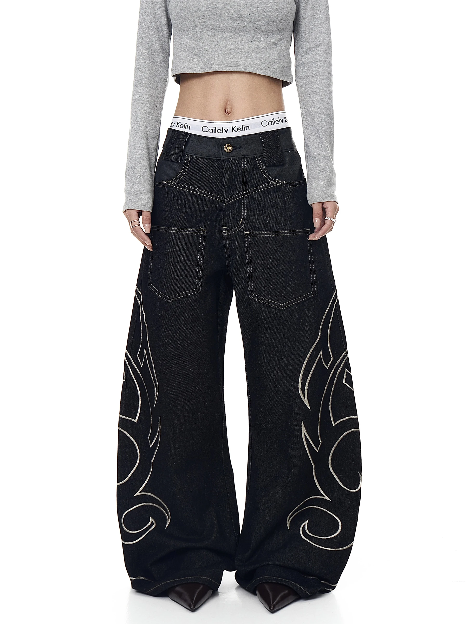 

Retro American High Street Embroidered Original Color Jeans Loose Knife Pants for Men And Women with Pocket Design