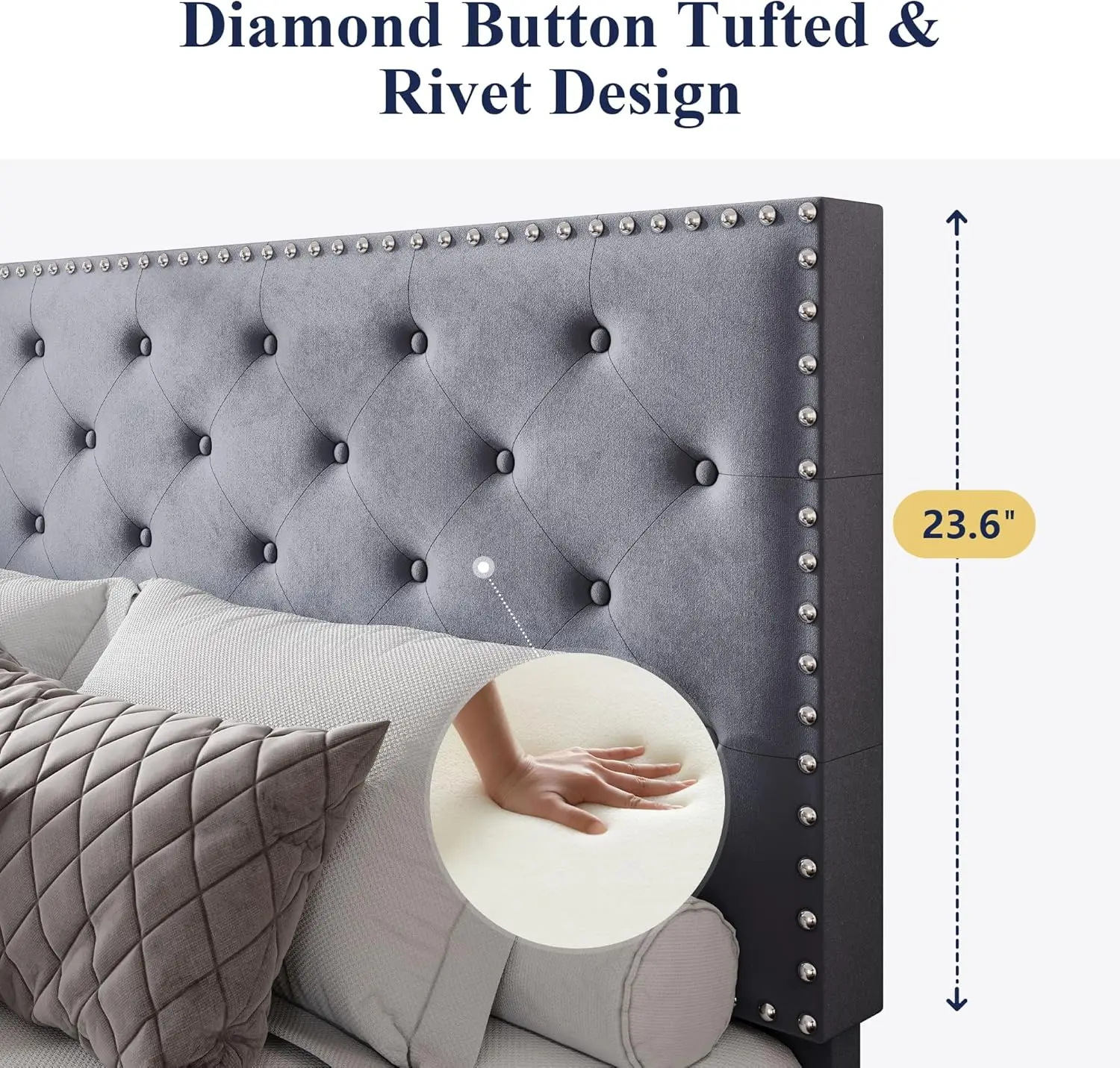 Allewie Queen Bed Frame, Velvet Upholstered Platform Bed with Adjustable Diamond Button Tufted & Nailhead Trim Headboard image 2