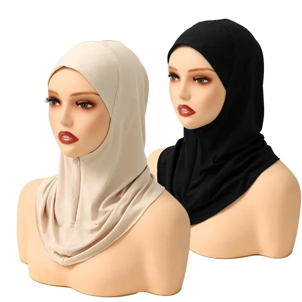 Plain Polyester Instant Cap Hijab Soft Elastic Inner Cap Solid Color Hidden Zipper Underscarf Prayer