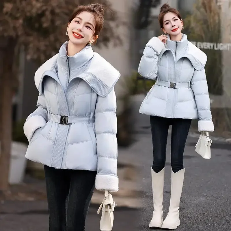 Coat Big Collar and Waist Down Jacket for Women, Korean Version, Autumn and Winter New Style, Stylish, Two Thick and Warm