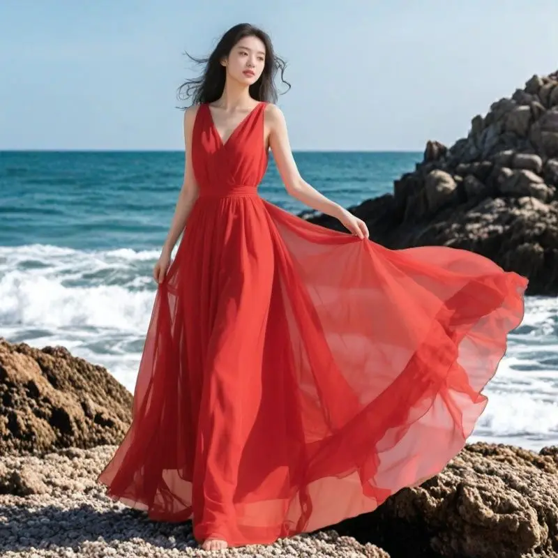 Boho ฤดูร้อนสีแดงชีฟองชุดชายหาดผู้หญิงเซ็กซี่ V คอวันหยุดเต้นรําชุดราตรียาว Maxi Robe 2025 ใหม่