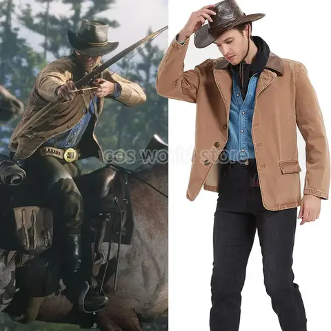 Juego RDR2 Arthur Morgan chaqueta del mismo estilo vaquero occidental disfraces Cosplay chaqueta Casual de moda abrigo para hombres camisa a rayas conjunto de sombrero