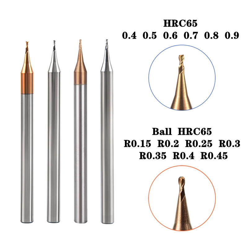 HRC65 frez z węglika spiekanego D0.4mm-0.9mm Mini mała średnica Micro Ball frez czołowy R0.15-R0.45 narzędzie CNC 0.4mm 0.5mm 0.6mm 0.7mm 0.8mm