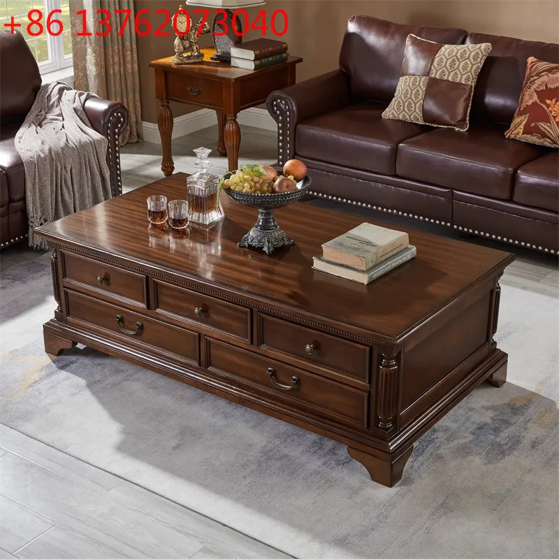 

American coffee table all solid wood with pumping storage tea table living room retro tea