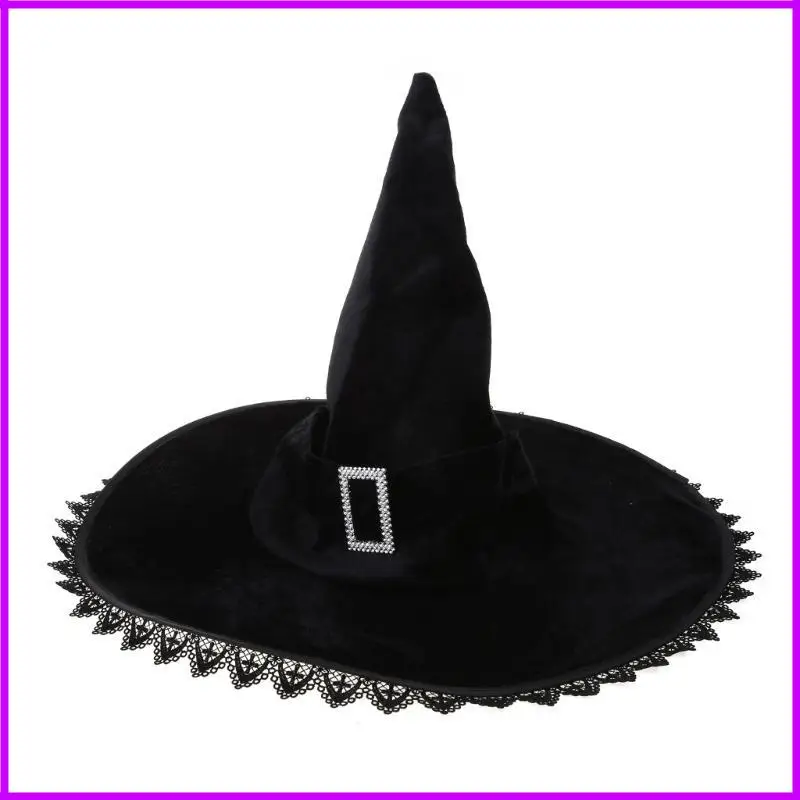 قبعة ساحرة سوداء للنساء البالغات للهالوين قبعة ساحرة سوداء واسعة الحواف للحفلات #5