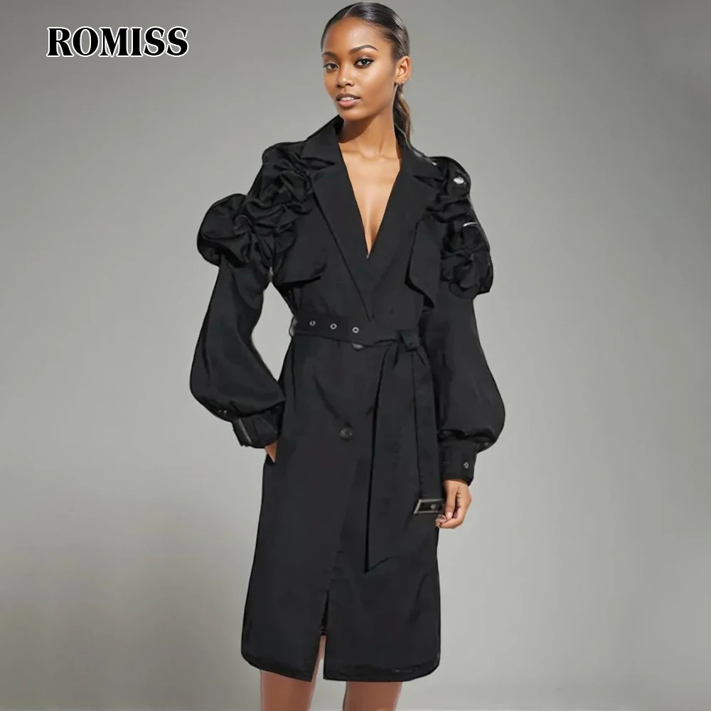 

ROMISS Minimalist Solid Patchwork Ruffles Windbreaker For Women Lapel Long Sleeve Spliced Belt Temperament Trench Female Fashion