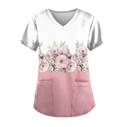 2023 Floral Printing Pocket Work Wear For Dentist Nurse Scrubs Uniform Medical Uniforms Women Short Sleeve V-Neck Scrub Work Top