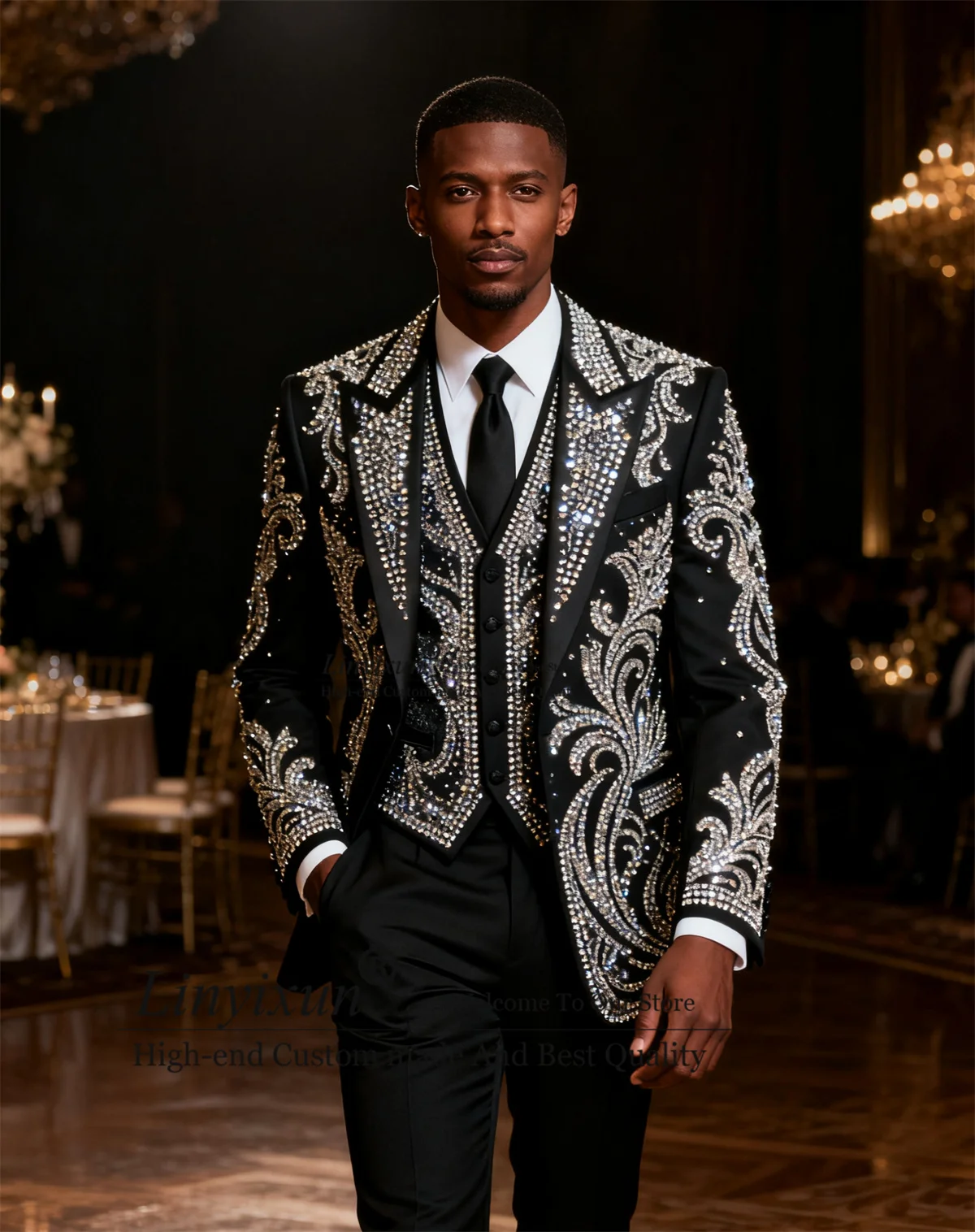 

High End Crystals Diamond Men Suits Customized Handsome Slim Tuxedos Costume Homme 3 Pieces Sets Groom Wedding Party Ropa Blazer