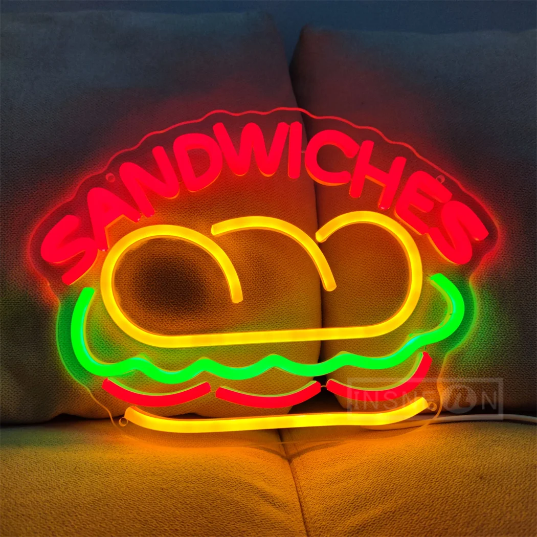 LED Neon Sign Sandwich Adjustable Brightness Food Signs Art USB Powered For Home Kitchen Restaurant Fast Food Party Wall Decor