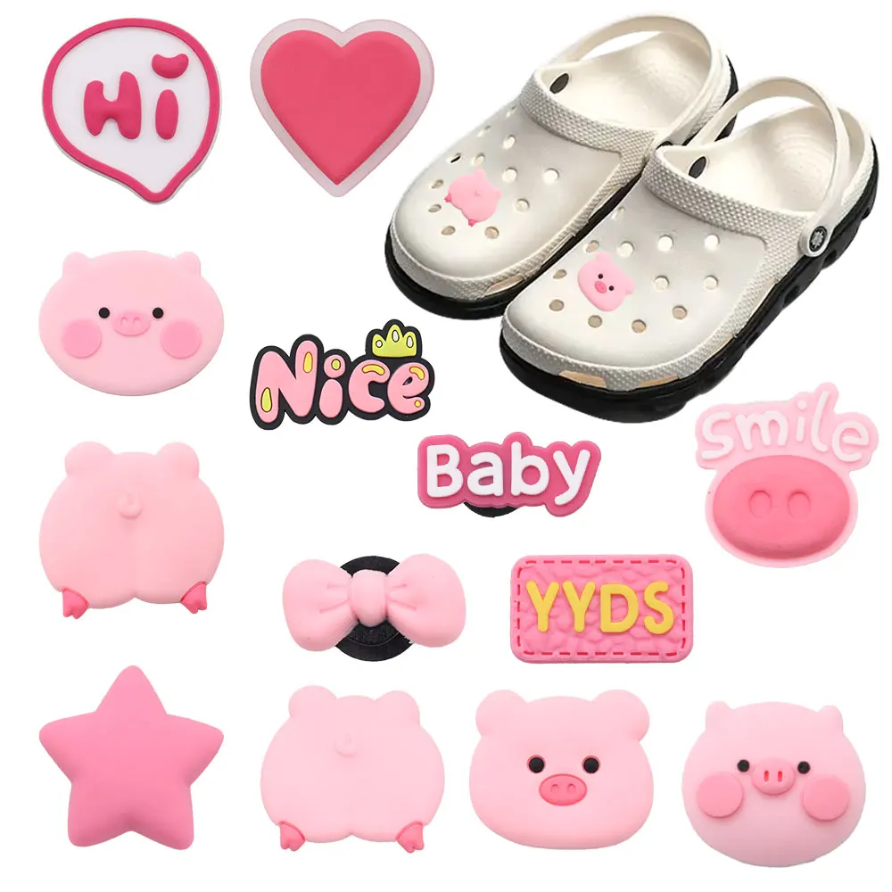 1-13Pcs Animal Pigs Star Hi PVC Kids Garden Shoe Charms Button Clog Pink Heart Decoration Fit Cute Holiday Gift