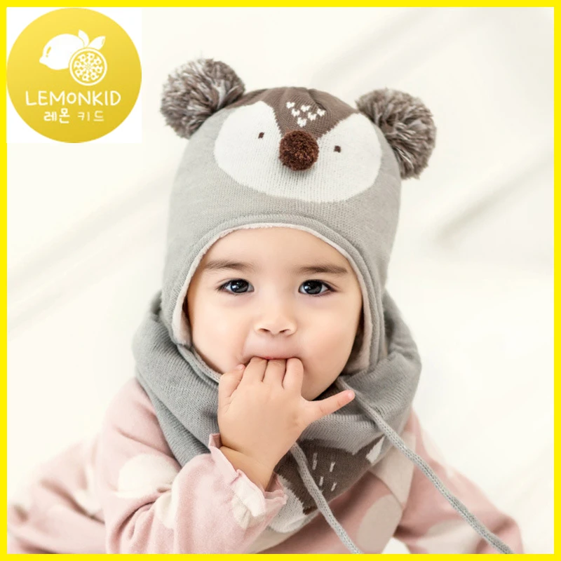 Lemonkid 2Pcs/Lot Baby Winter Hat Scarf Baby Cartoon Fox Cap Children Warm Scarf For Boys Suit Beanie Velvet Hat Scarf For Girl