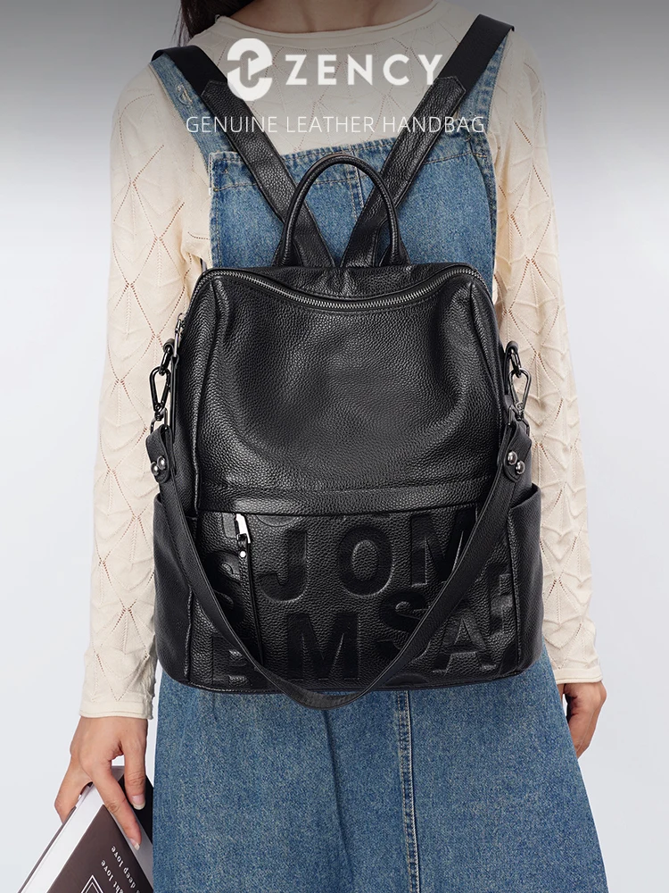 Zency Fashion Women Genuine Leather Backpack Multi-pocket Day Pack Travel Convertible Shoulder Bag Large Capacity for Winter