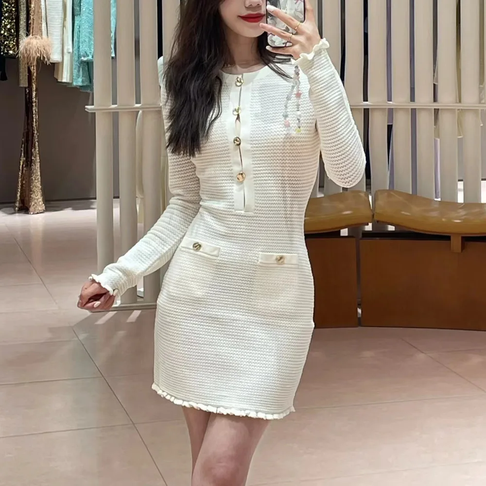 

Women's summer off-white knitted dress hollow out elegant long sleeve office ladies pocket mini dress