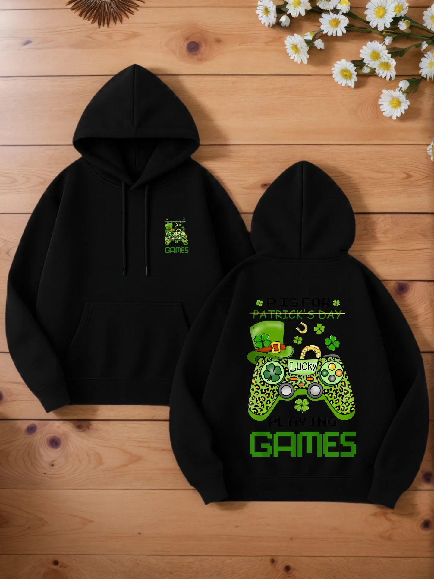 

Мужская толстовка с рисунком, игра — принт контроллера и трилистника, повседневная уличная одежда, на флисовой подкладке, для молодых мужчин, повседневная одежда