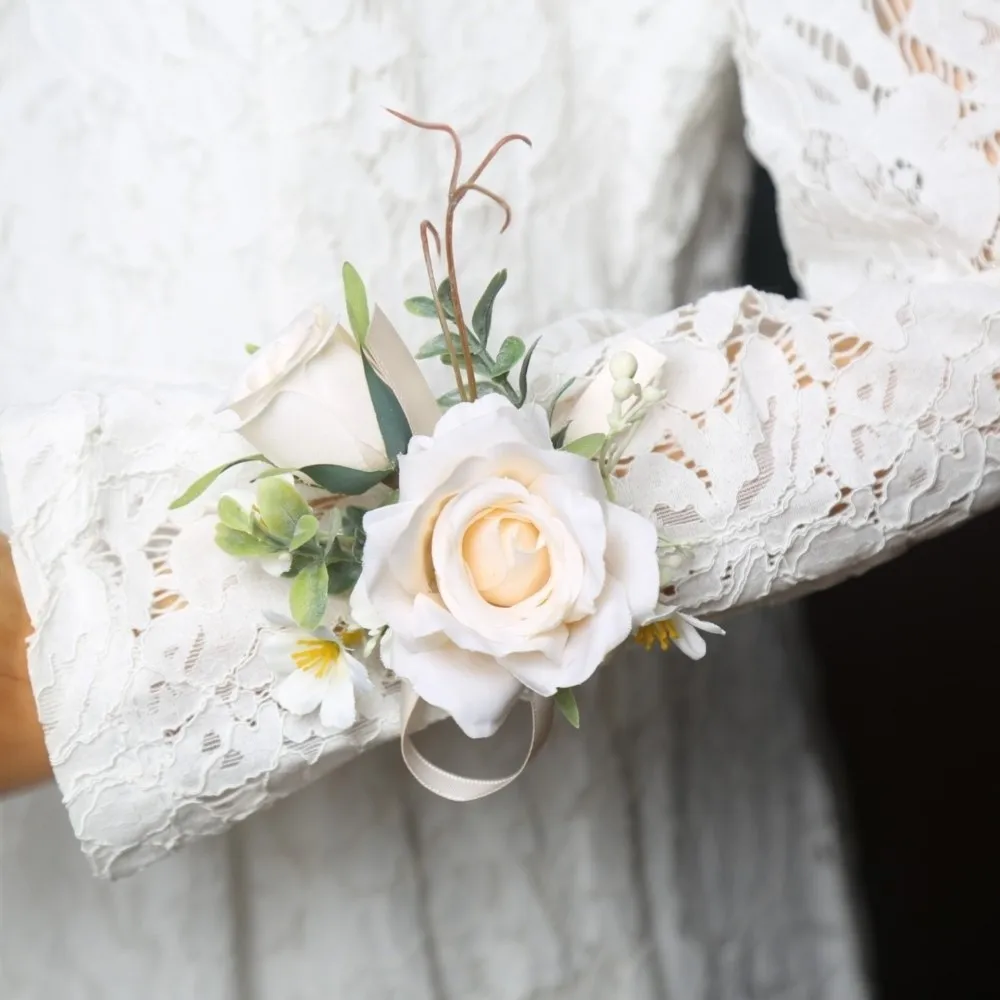 Silk Flowers Artificial Boutonnieres Flowers Elegant Classic Wedding Wrist Corsage European style Pearl White Roses