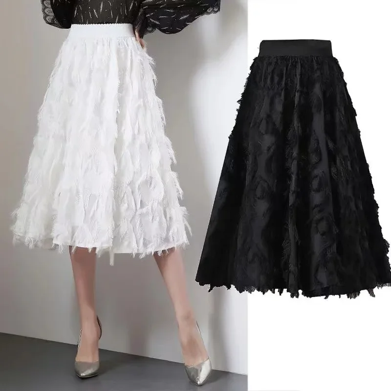 

2022 Women High Waist Skirts Free Size Feather Print Chiffon Skirt Women Casual Mid-calf Solid A-line Tassels Midi Tweed Skirts