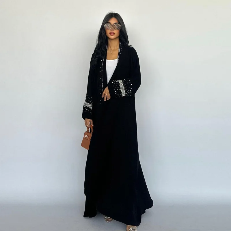 Muslim Black Abaya Dubai Luxury Open Cardigan Women\'s Prayer Garment Caftan Femme For Evening Robe Clothes Large Size With Belt