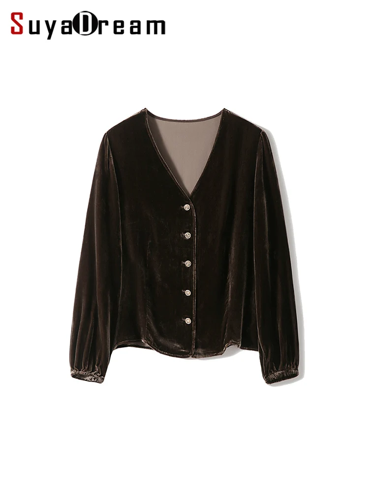 SuyaDream, camisas de terciopelo de seda para mujer, blusas elegantes con cuello en V, faldas largas de terciopelo, top primavera otoño 2026, marrón, negro