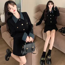 Women's New Korean Black Coat Skirt Two Piece Set Large Spring Autumn Style Colorful Contrast Splicing Long And Short Skirt Set