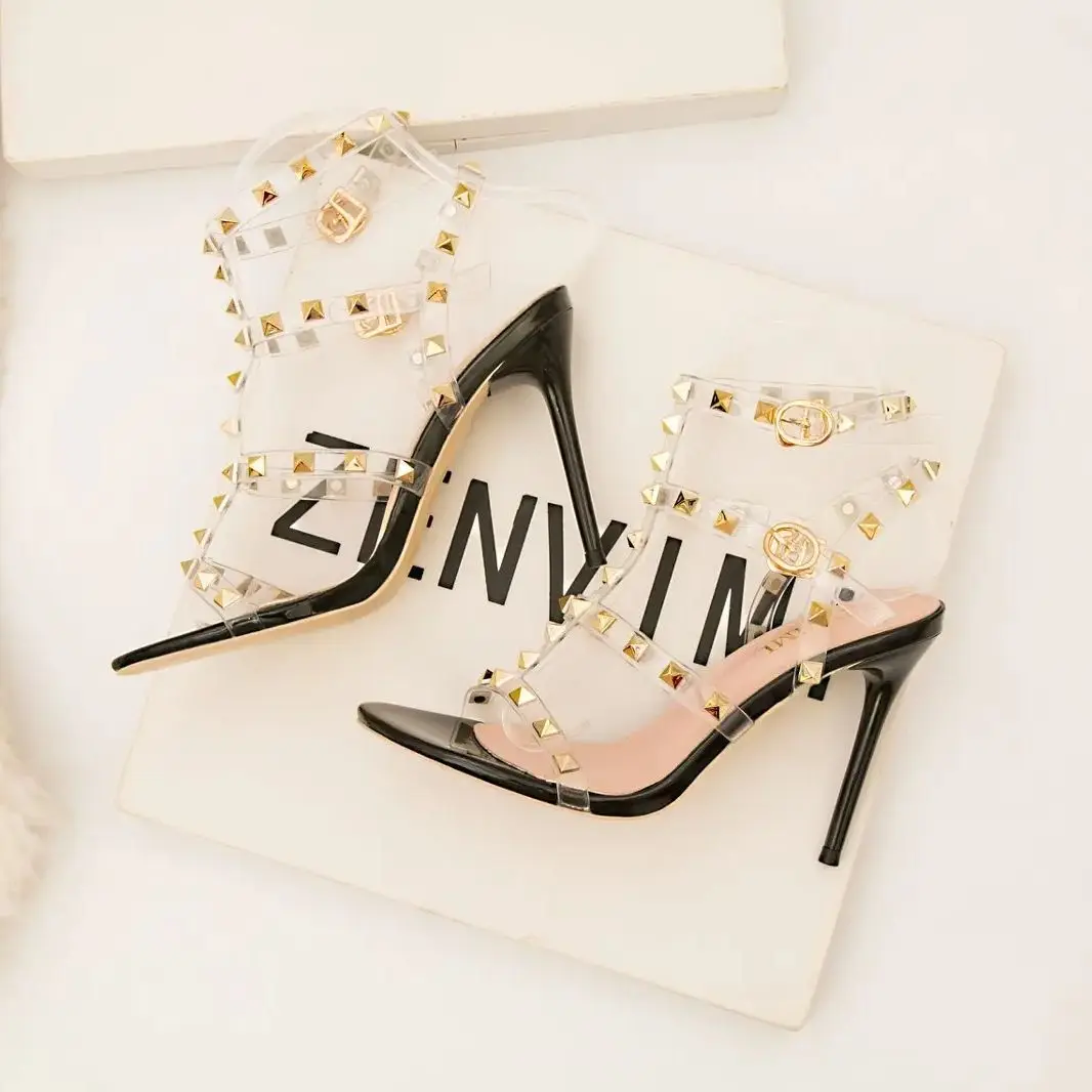 

Summer new round-head transparent PVC with metal rivet sexy sandals banquet dress stilto-heeled women's sandals