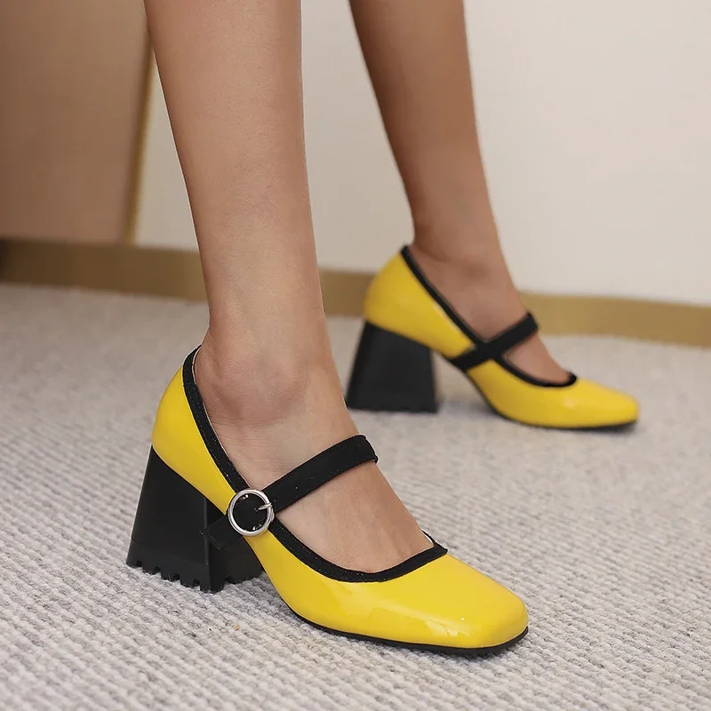 2025 spring autumn women pumps plus size 22-29cm Patent leather upper Mary Jane Shoes square toe thick high heel women heels