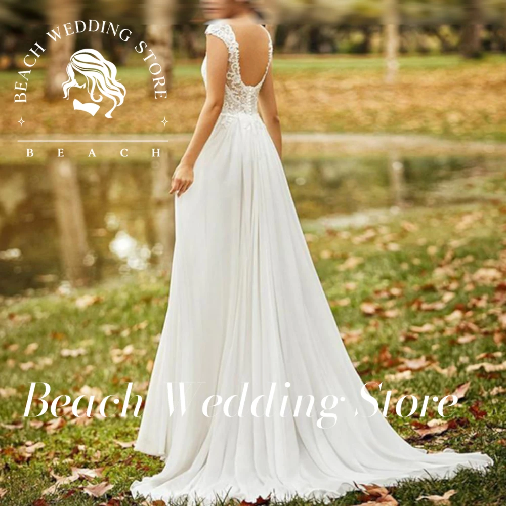 Bohemian Customized Wedding Dress O Neck Open Back a Line Beach Boho Gowns Vestid Garden robes de mariée Sheer Top Sweep Train