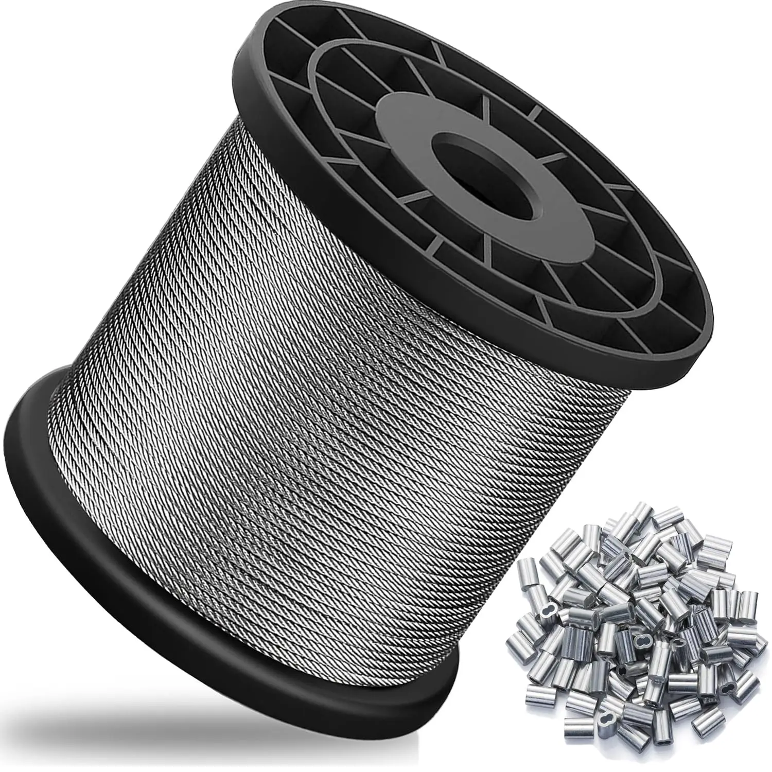 

1/16" Wire Rope 328FT Stainless Steel Cable with 150Pcs Crimping Sleeves, 7x7 368lbs Breaking Strength for Garden & Aircraft