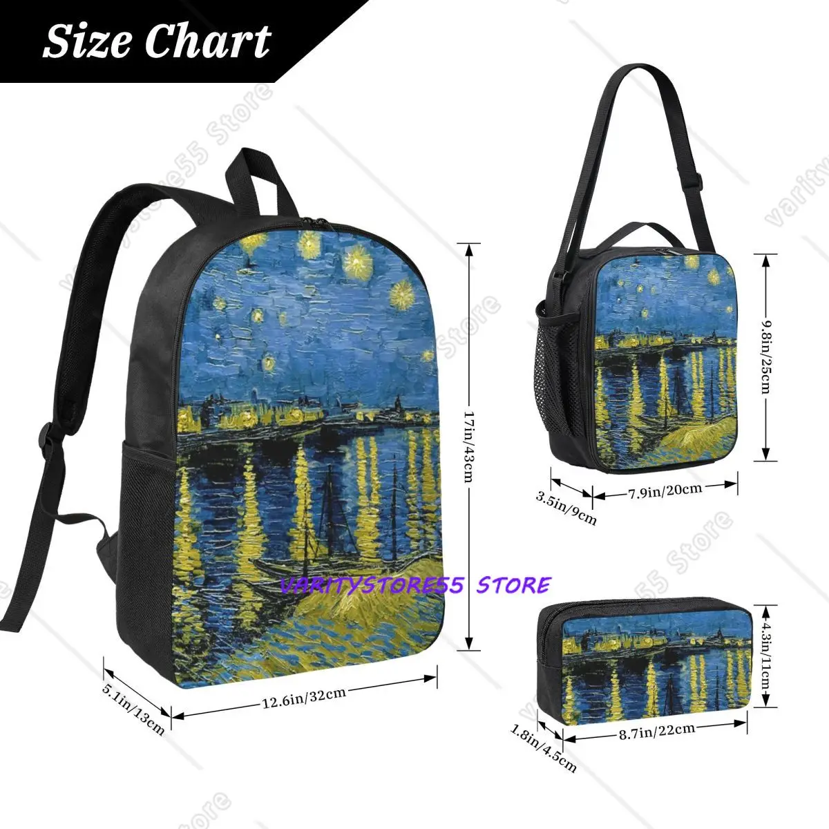 Starlight Night Van Gogh Backpack Boys Girls BookBag School Bag Laptop Shoulder Bags 3ps Insulated Lunch Bag Pencil Case