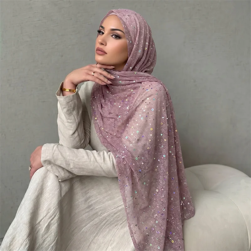 Glitter Iridescent Sequin Polyester Hijab Soft Crinkle Muslim Head Wrap Shimmer Scarf Women Formal Wedding Party Outfit