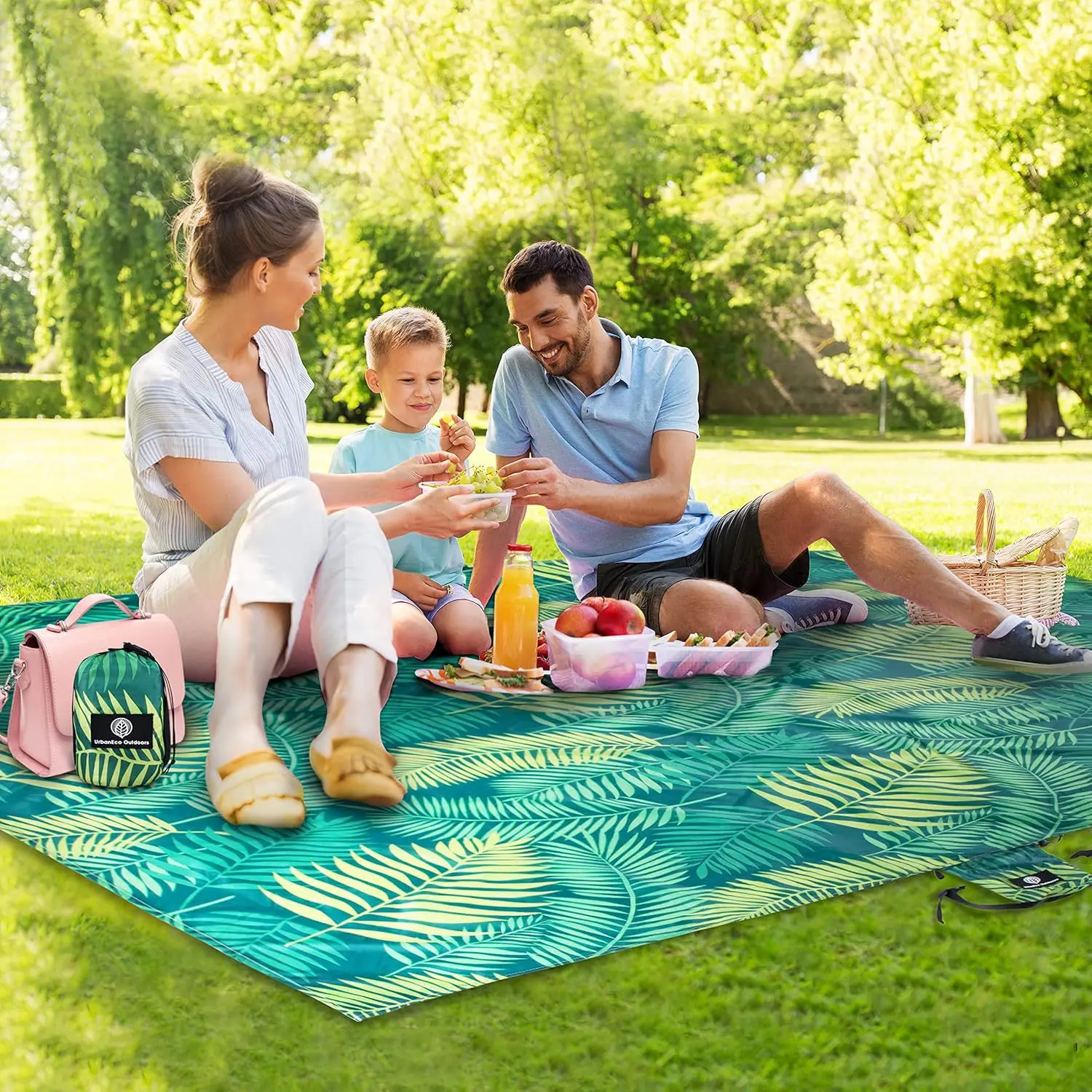 

B Premium 240T Beach Mat - Blue Tropical Leaf Design Sand-Resistant Towel, Extra Large Quick-Dry Outdoor Blanket