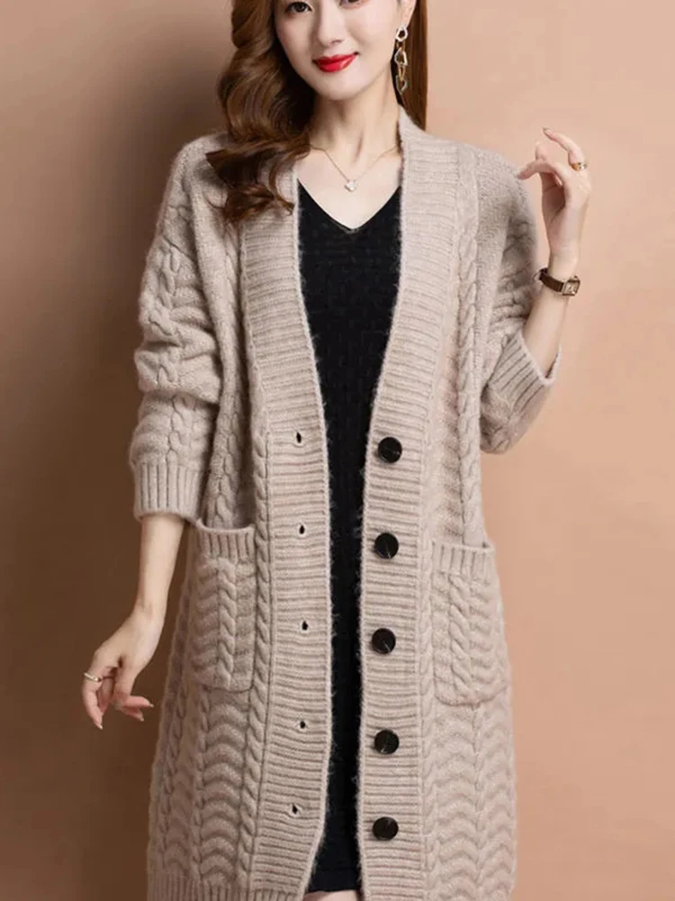 Thick Loose Knitwears Mid-lenght Cardigan Casual Knitted Elegant Sweaters Oversize Women\'s Gilet New Korean Fashion Jackets