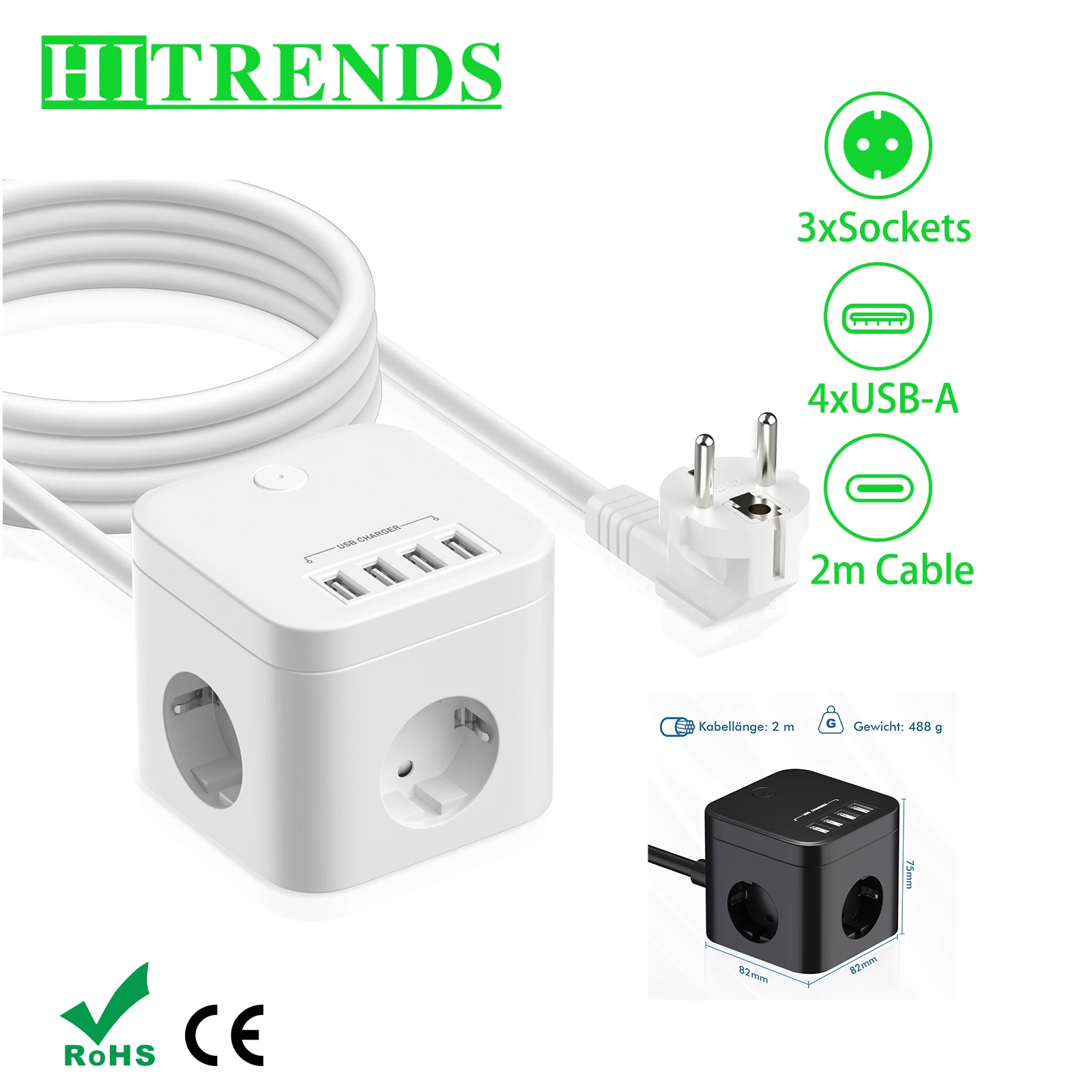 

Вилка европейского стандарта, удлинитель Cube Multi Plug с 3 розетками переменного тока, 4 порта USB, мультиэлектрическая розетка, удлинительный кабель длиной 2 м с переключателем