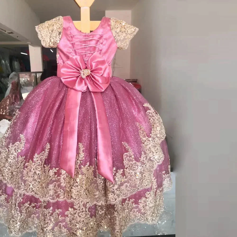 

Princess Pink Flower Girl Dress For Wedding Lace Appliques Tiered A-Line Shiny Tulle Girls Birthday Party First Communion Gown