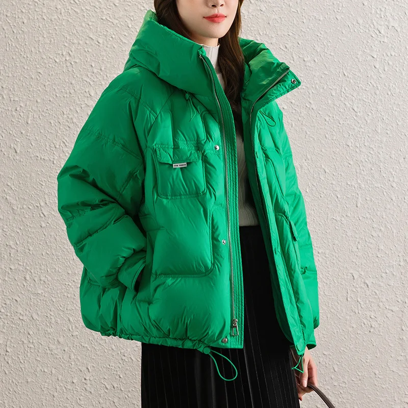 

Fashion Green Hooded Women Winter Coat 2022 New Pockets Loose Down Jackets Drawstring Casual Short Puffer Parkas