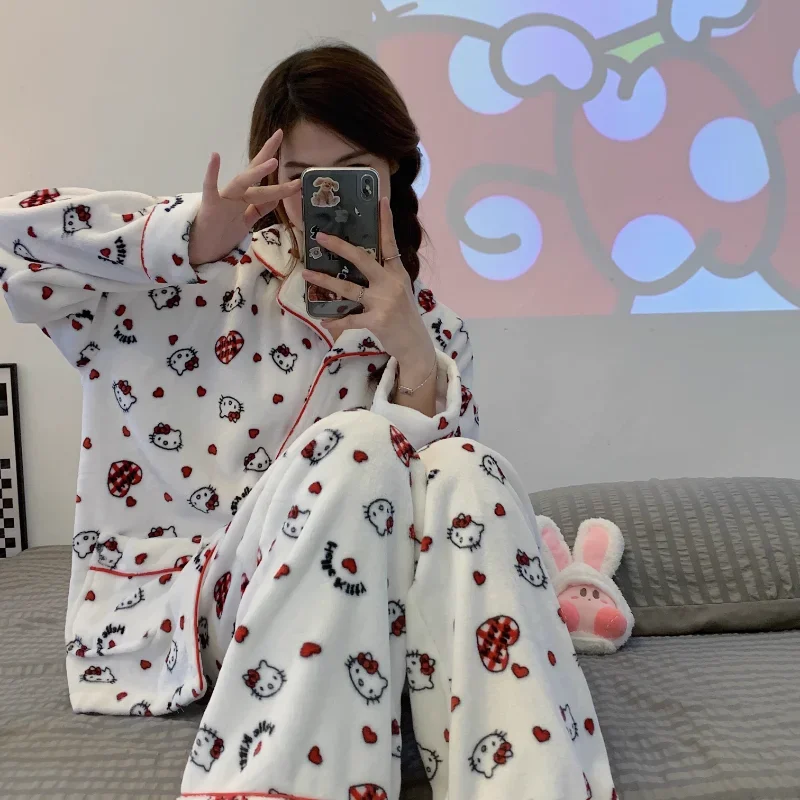 Hello Kitty Winter Coral Fleece Pajamas Warm Thickened Flannel Lapel Long Sleeve Two-piece Set Women\'s Pajamas Sanrio Loungewear