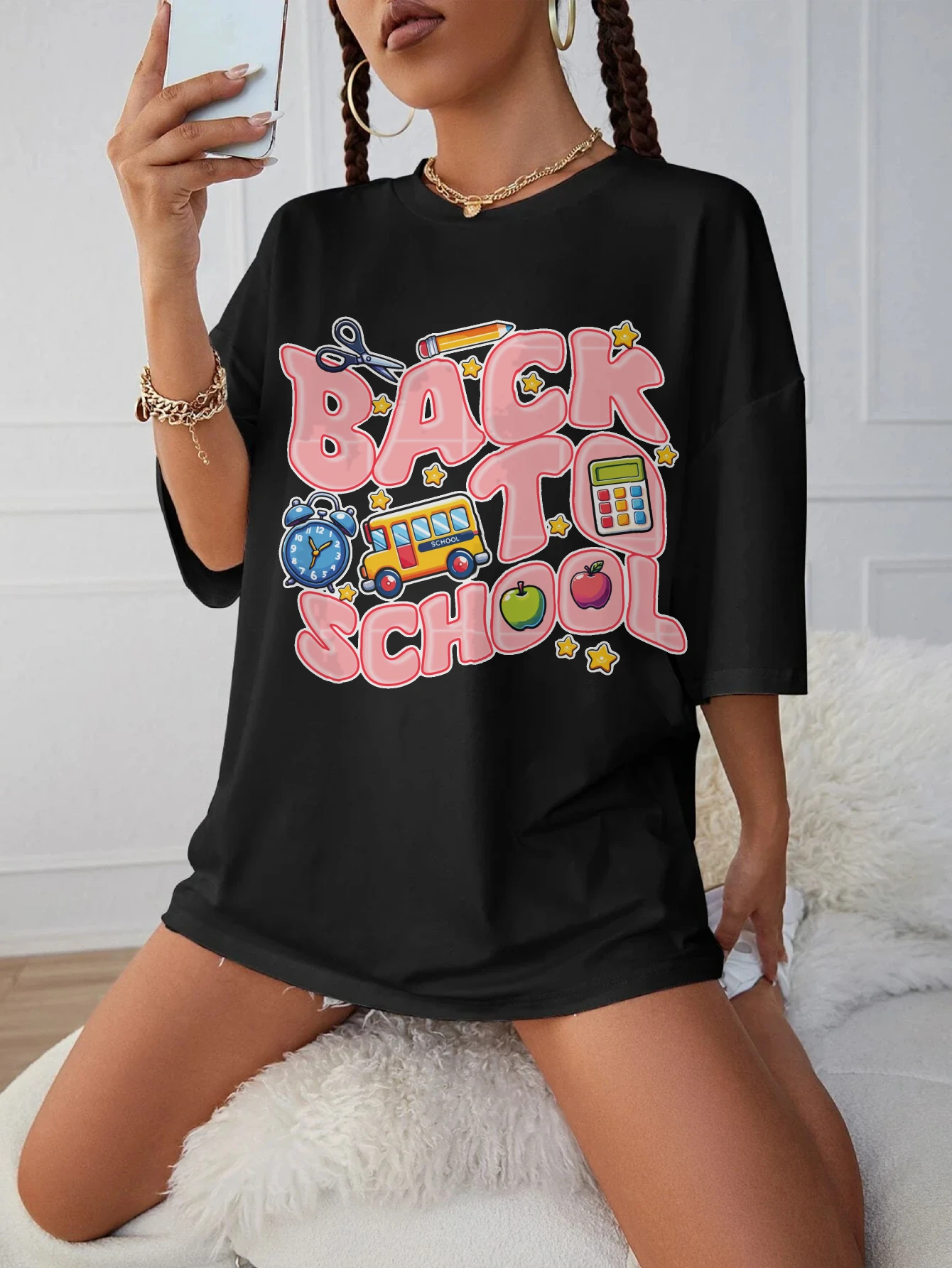 

back to school Comfortable Black Round Neck Shirt for Women Soft Plus Size Autumn Clothing Halloween Holiday T-shirt for Fall