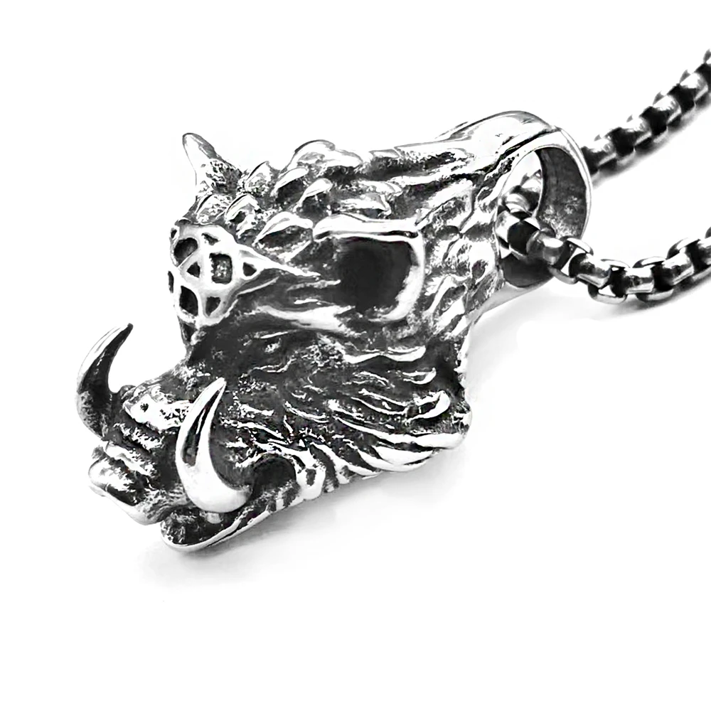 Punk Norse Viking Boar Necklaces Men Stainless Steel Medieval Vintage Beast Pendant Amulet Male Trendy Cool Self-defense Jewelry