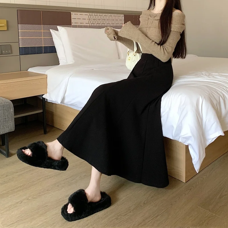 

High Waist A-Line Fi Tail Skirt Women's Woolen Wrap around Skirt Ele Long Skirt Ci Walk Polyester Fiber