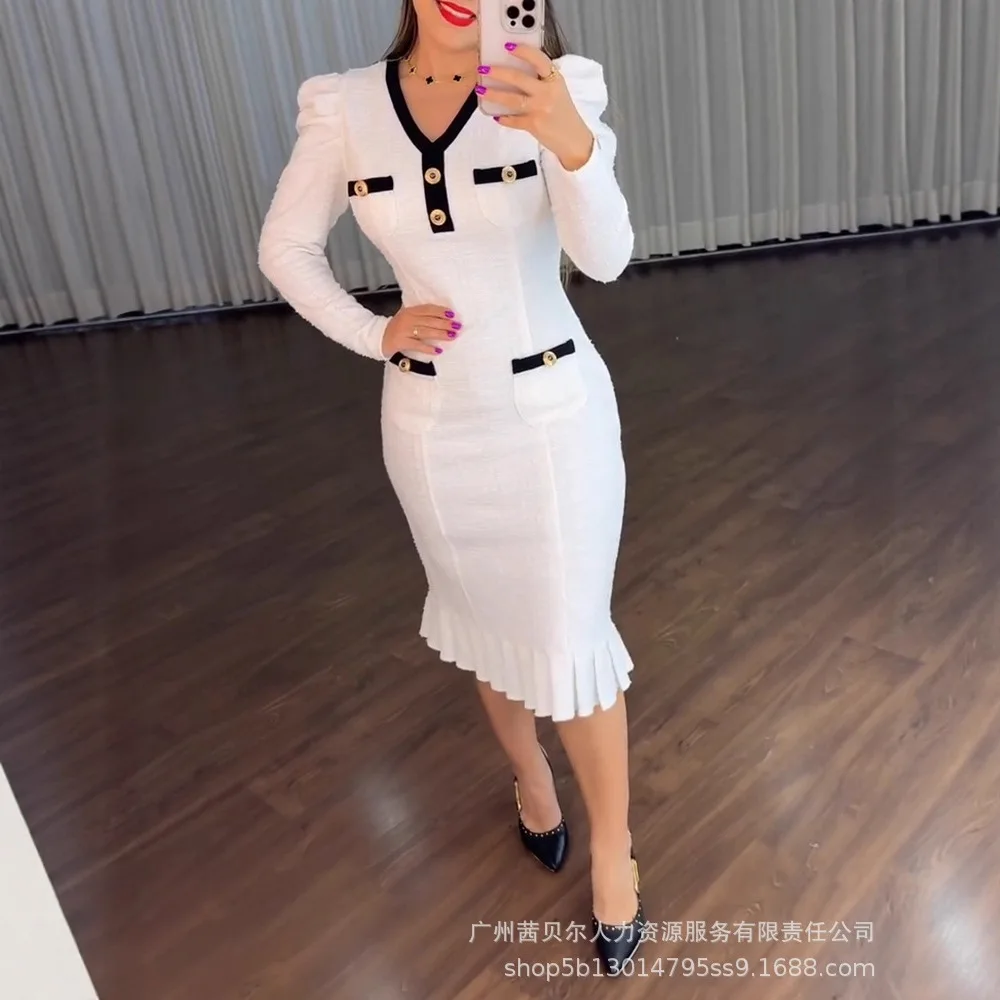 

Women Mermaid Dresses H Line Solid Dress V Neck Puff Long Sleeves Waist Cinch Mid Calf Lenth Slim Fit Casual Elegant 2025 Spring