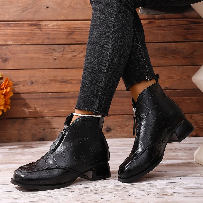 أحذية نسائية كلاسيكية للكاحل رفيعة، خريف/شتاء، جلد ناعم، كعب مكتنز أنيق، أحذية قصيرة على الموضة الحديثة